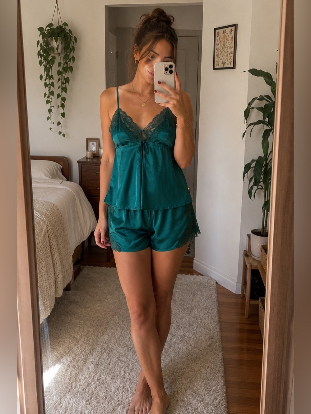 NWOT Victoria’s Secret Satin Lace Babydoll & Shorts Set Green Small Lingerie